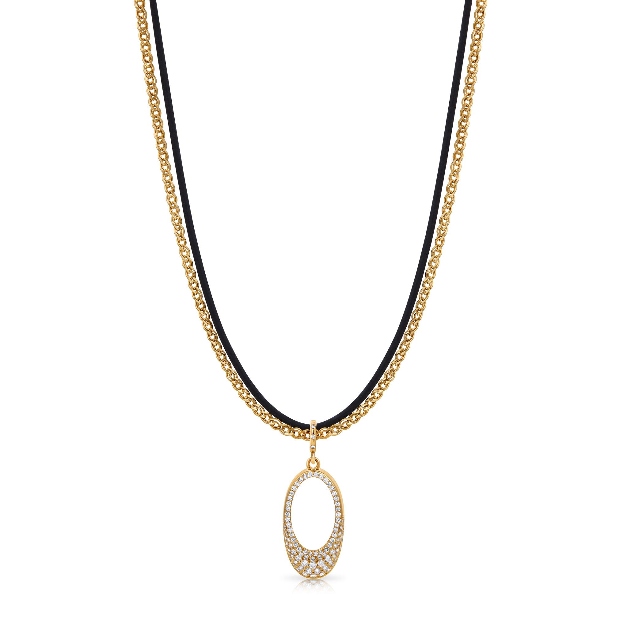 A double-strand necklace featuring a gold chain and a black cord, with a gold oval pendant adorned with small clear stones, shown against a plain white background.